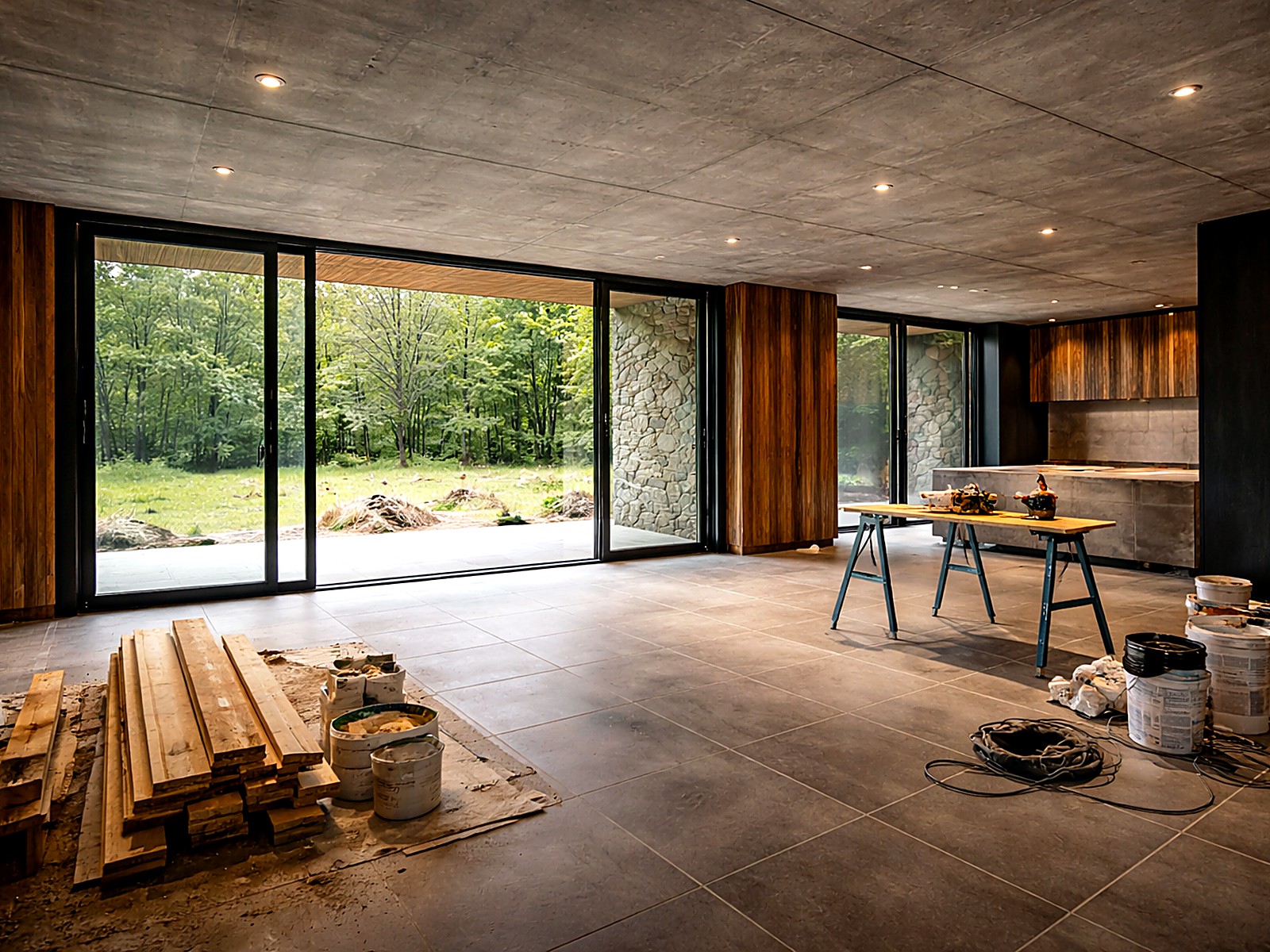 Interior con ventanal corredizo hacia el bosque y cocina en obra