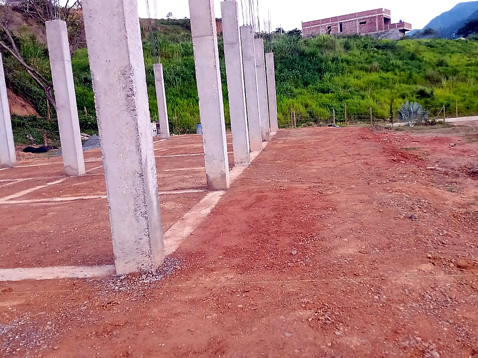Hilera de columnas de concreto sobre las vigas de cimentación con vista al valle