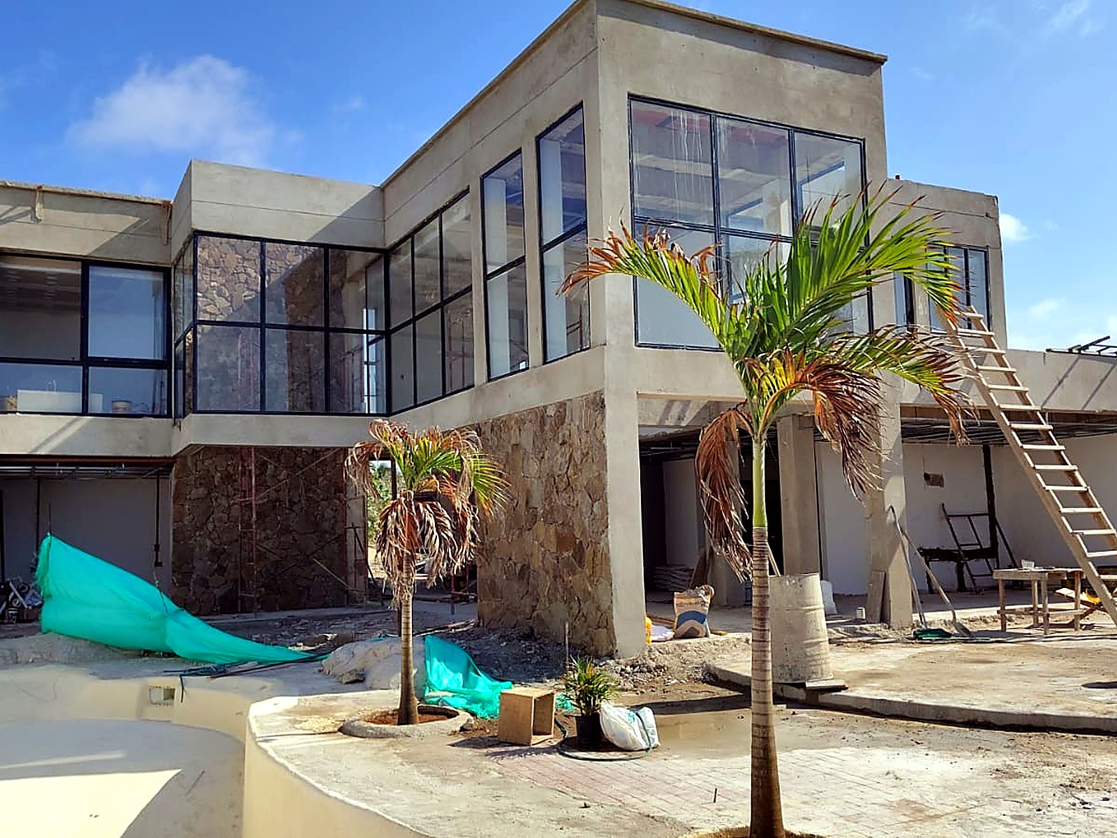 Casa de dos niveles en concreto y piedra con ventanales, palmeras y piscina en obra