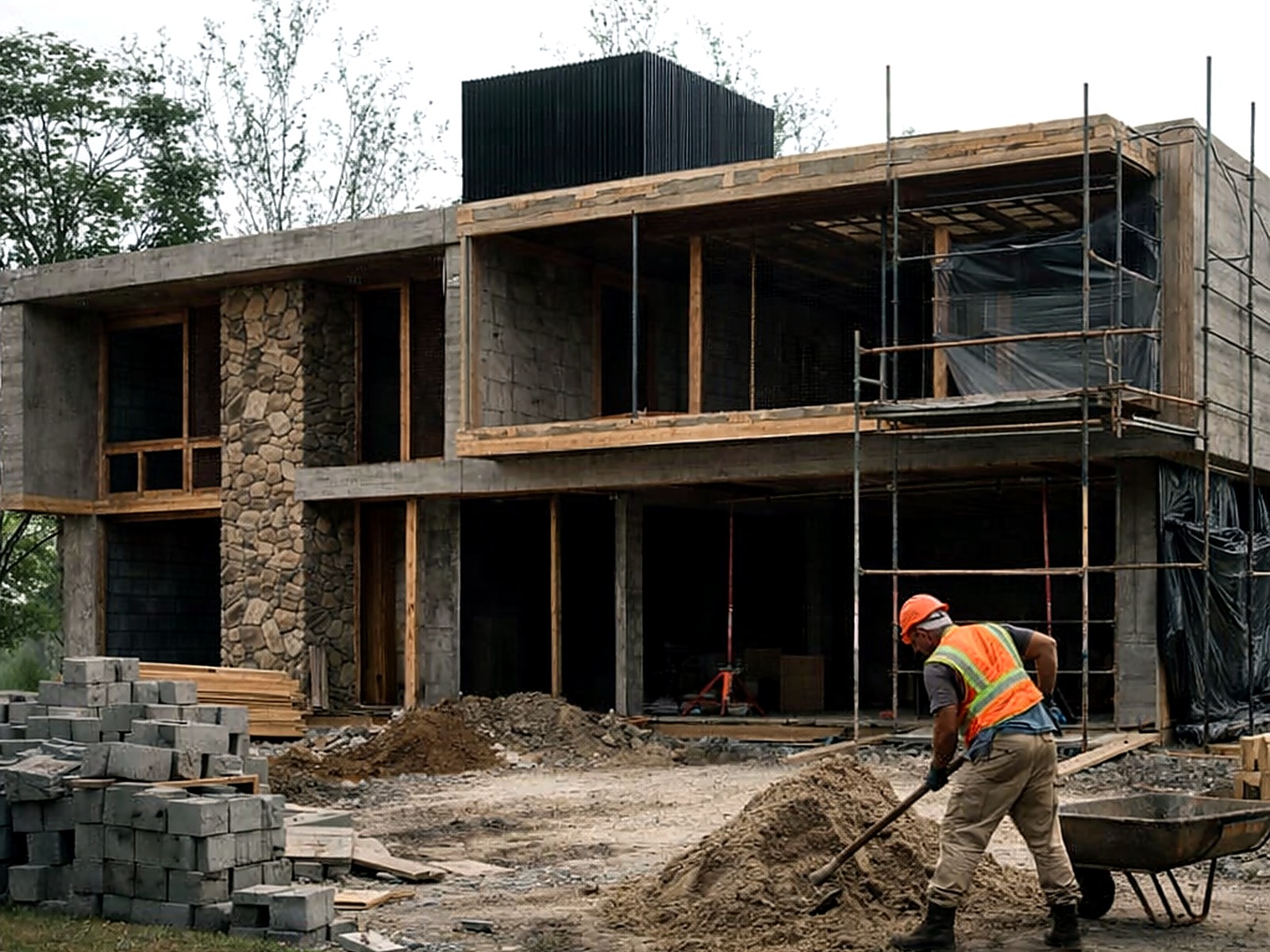 Avance de obra con muros en bloque, piedra y estructura en madera