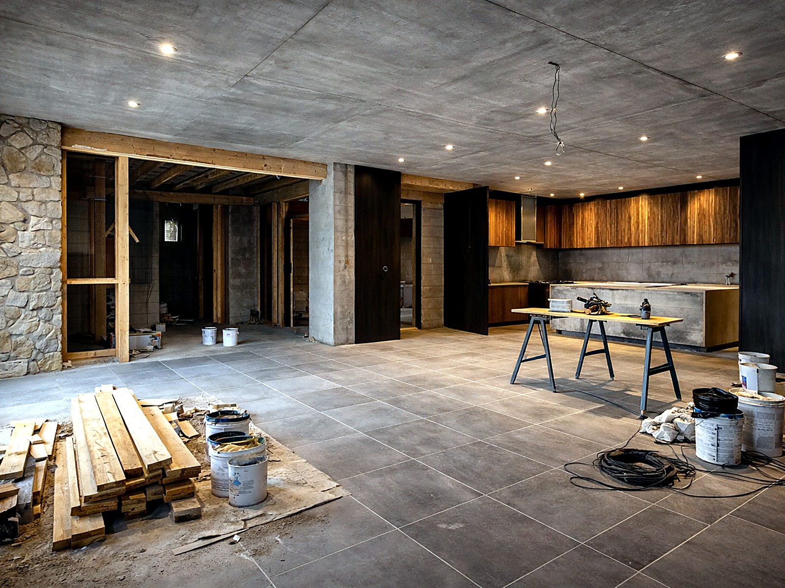 Interior con muro en piedra, cielo en concreto y cocina en madera